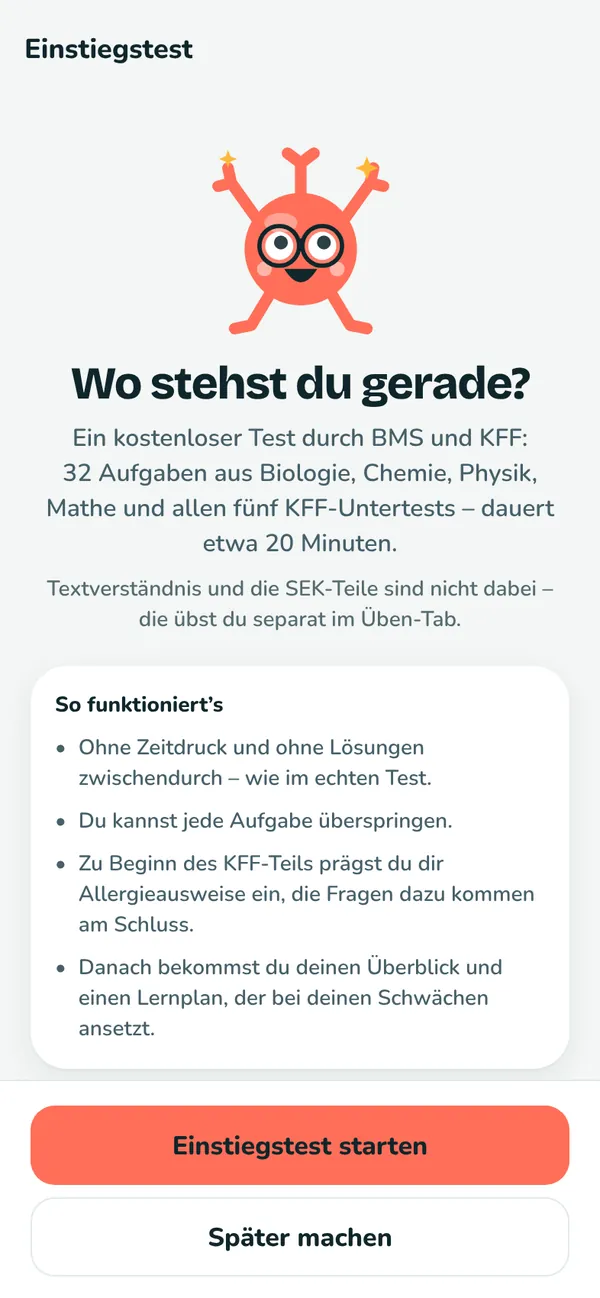 Einstiegstest in Synapso: Erklärung, welche Teile geprüft werden und wie lange es dauert.