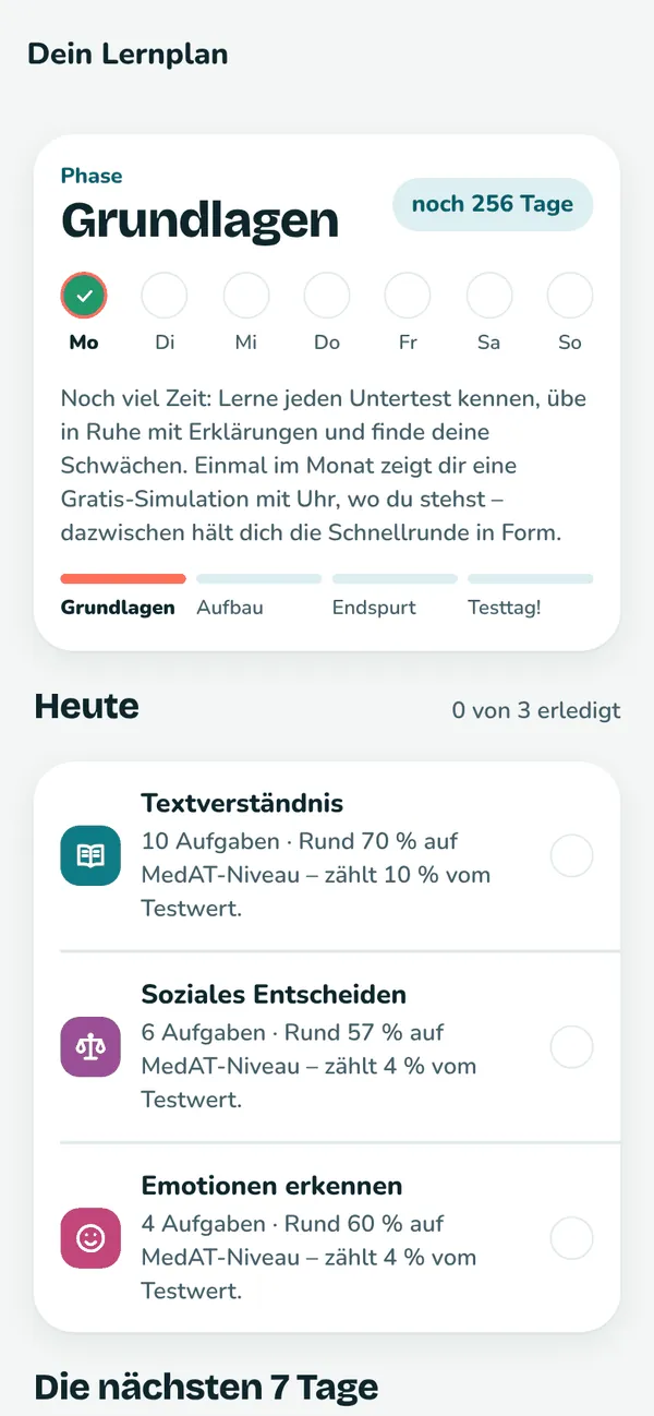 Lernplan in Synapso: Phase Grundlagen, noch 256 Tage bis zum Test, Wochenübersicht und die Aufgaben für heute.