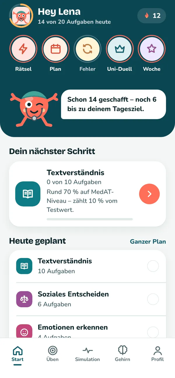 Startbildschirm der App Synapso: Begrüßung, Tagesziel 14 von 20 Aufgaben, Serie von 12 Tagen, Neuri und der nächste Lernschritt.