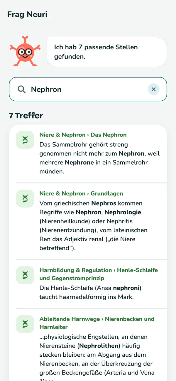 Frag Neuri in Synapso: Suche nach einem Fachbegriff mit Treffern aus dem Lernstoff.