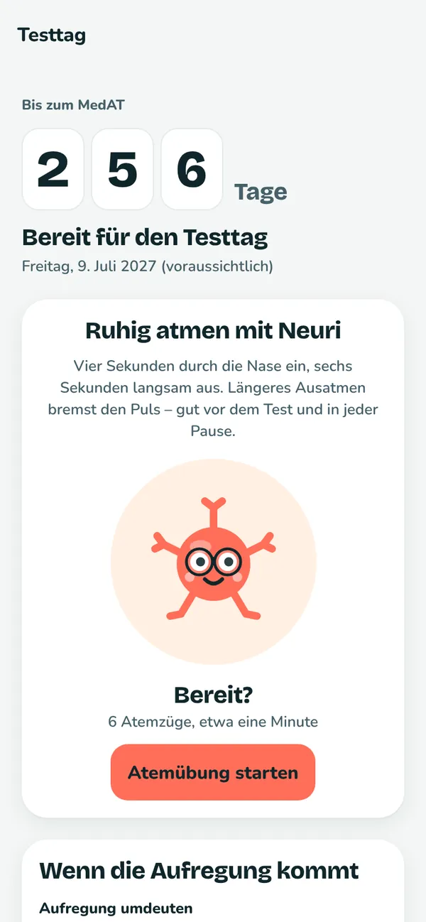 Testtag-Paket in Synapso: Countdown bis zum MedAT und Checkliste für den Vorabend.