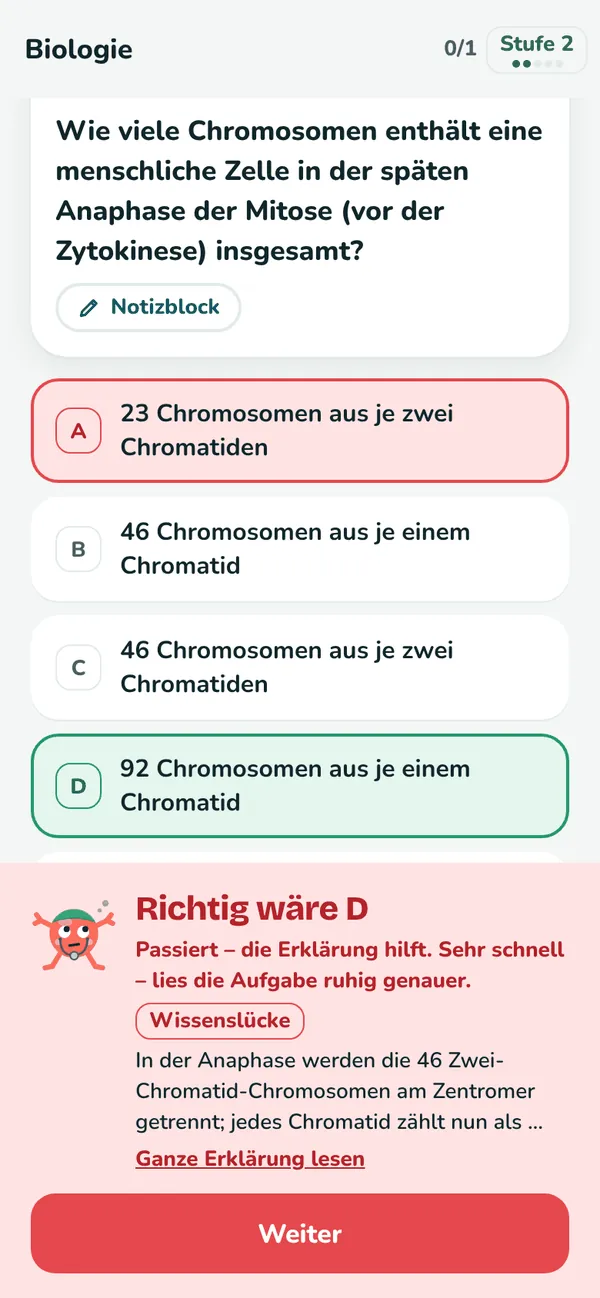 Biologie-Aufgabe in Synapso nach einer falschen Antwort: Die richtige Antwort D ist markiert, darunter die Fehlerart „Wissenslücke“ und die Erklärung.